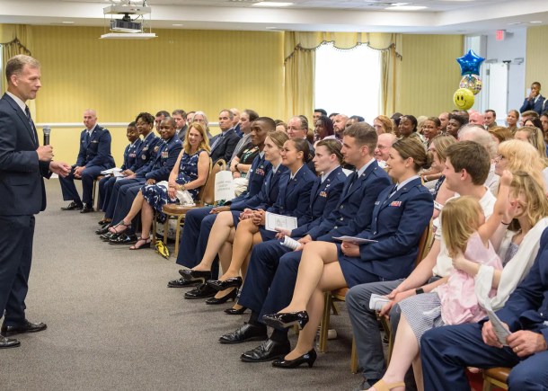 ROTC cadets having an event in the Gold Room at CSU. President Dr Dondi Costin is speaking to the students.